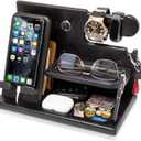 TESLYAR Wood Phone Docking Station for Men - Desk or Nightstand Organizer - Birthday Gifts for Husband, Dad - Anniversary Idea from Wife - Key Holder, Stand Wallet, Watch & Essentials (Granite Black)