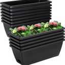 Lysjtsr 12Pcs 17Inches Rectangle Planter Box with Drainage Holes and Trays Plastic Planters Flower Boxes Pots for Indoor Outdoor Plants Patio Garden Home Decor Porch Yard (Black)