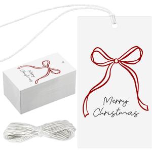 100 Pcs Christmas Presents Tags Red Color Bow Design Christmas Tags Xmas Bow Gift Labels with String for Presents Wrapping Paper Labels for Xmas Party Treat Cookie Decor