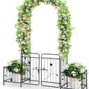 Happygrill Garden Arbor, 87" Metal Archway Pergola with Lockable Gate & 2 Side Planters for Climbing Plants, Roses, Vines, Heavy-Duty Outdoor Garden Arch Trellis for Wedding Party Ceremony Decoration