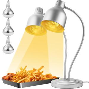 Heat Lamp for Food, Upgrade 250W Bulb x 3 - Each Lasting Over 4000 Hours, Food Heat Lamp with Flexible Arm, Catering Food Warmers for Buffet, Parties, Fast Food, Bakery (Silver) (Double-Head)