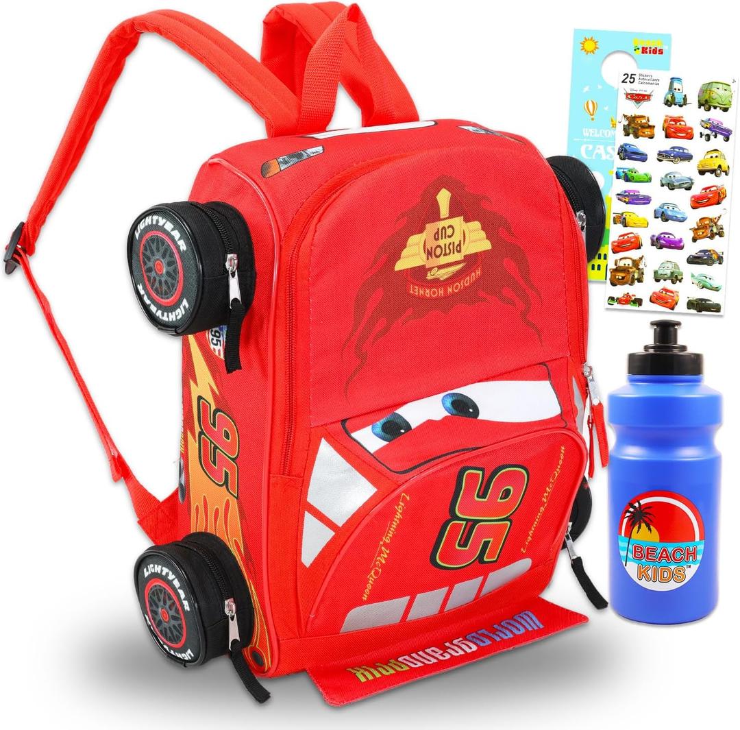 Disney Cars Mini Backpack for Kids - Bundle with 14 Lightning McQueen Backpack with Water Bottle, Stickers, More | 3D Lightning McQueen Travel Bag Set for Girls, Boys