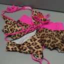 Floerns Women's 3 Piece Bikini Sets Y2k Number Jersey Leopard Halter Swimsuit with Beach Mesh Skirt (Small, Brown Multi)