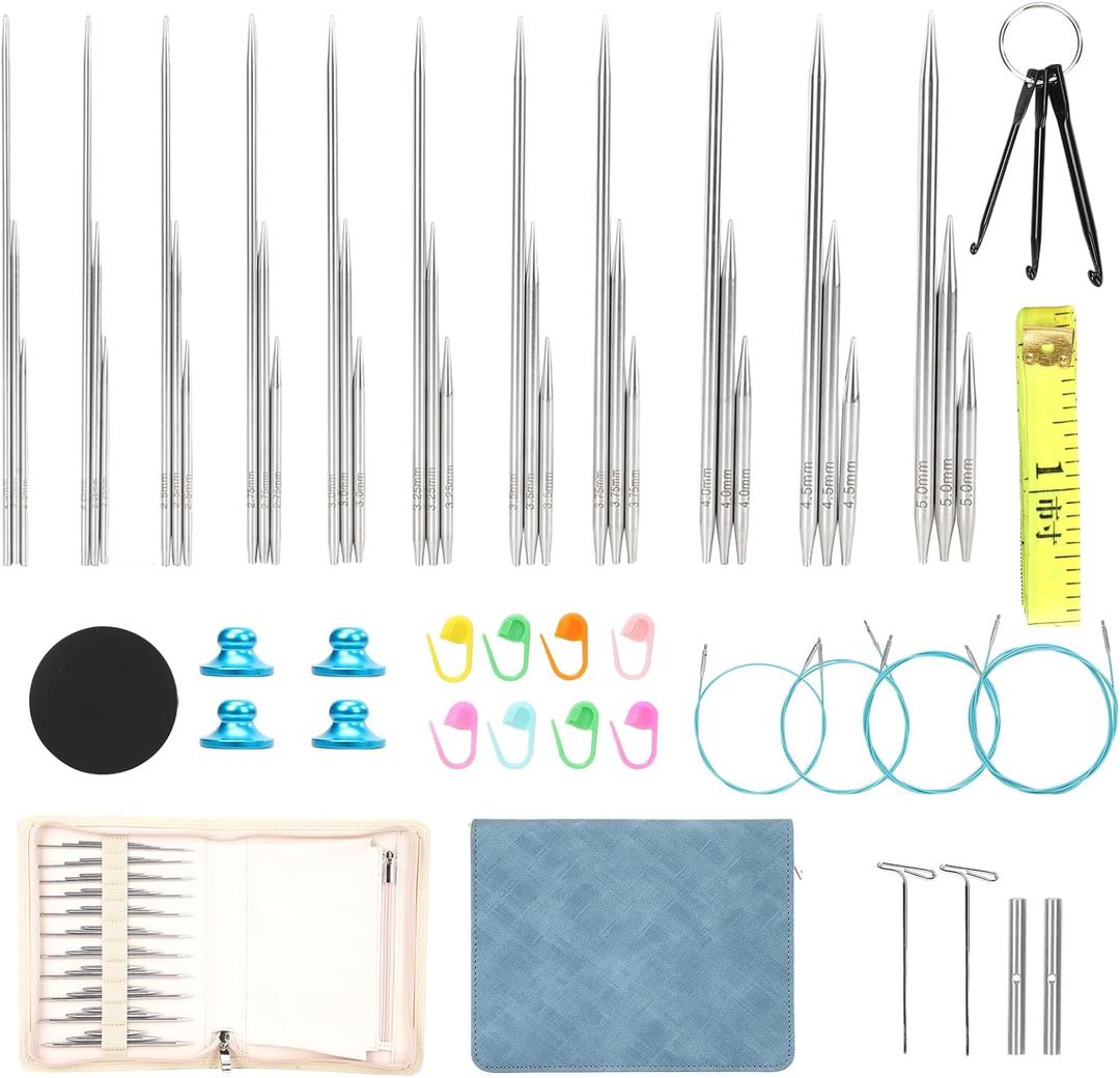 liomey 33 Size 2mm-5mm Interchangeable Knitting Needles Set with Case 4 Flexible Cables Included, Stainless Steal Circular Needles, Complete Knitting Kit for All Projects