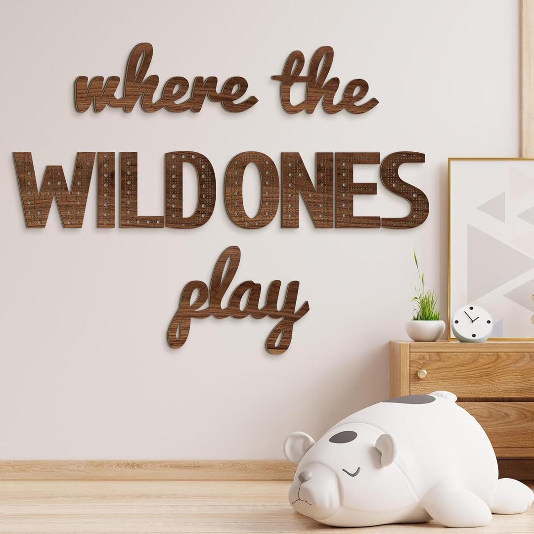 Where the Wild Ones Play Nursery Sign Wooden Playroom Wall Decor Playroom Decoration Word Play Room Sign for Wall Plaques(23 Inch,Brown)
