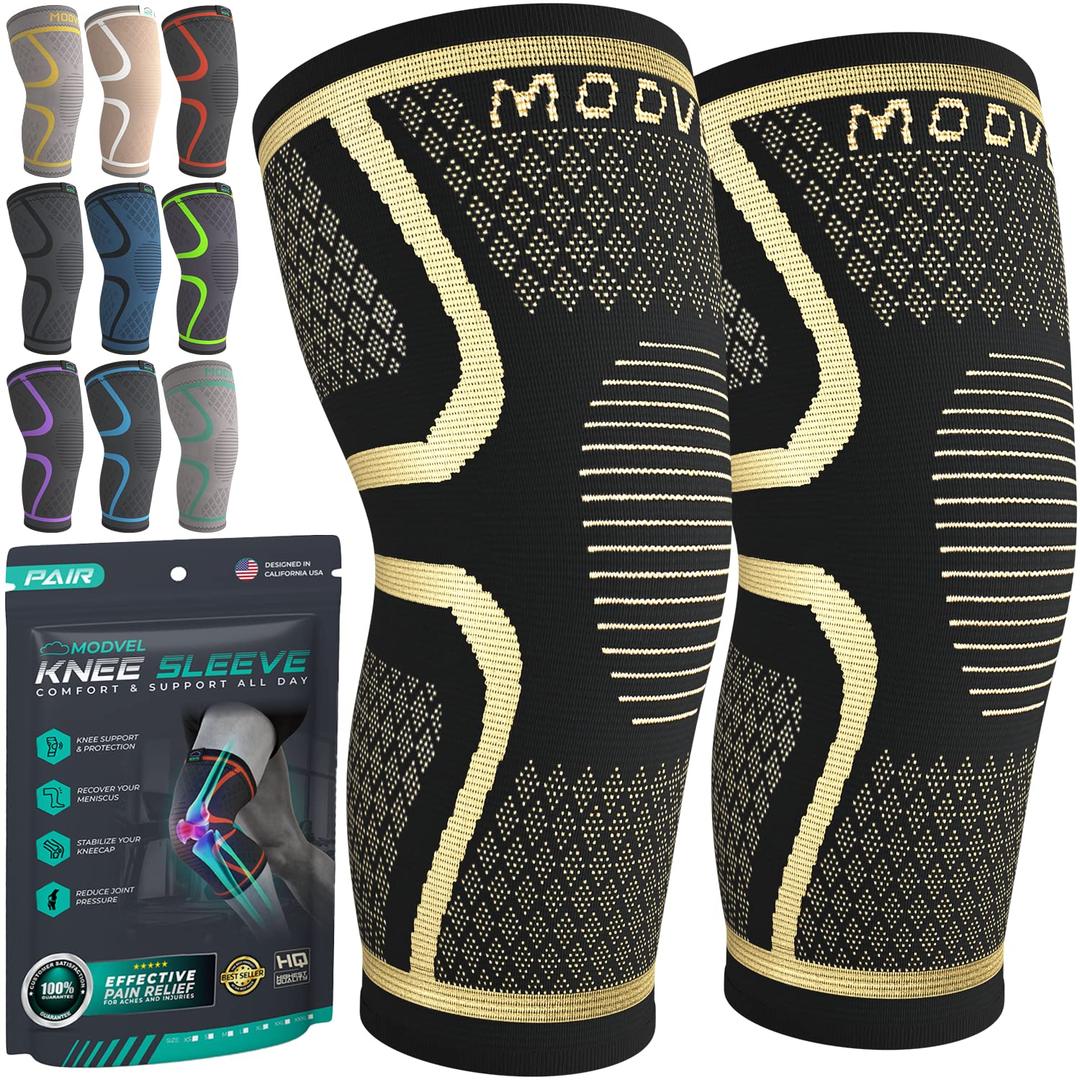 Modvel Compression Knee Brace for Women & Men, 2-Pack Knee Brace for Running Knee Pain, Knee Support Compression Sleeve, Workout Sports Knee Braces for Meniscus Tear, ACL & Arthritis Pain Relief (Medium, High-Copper)