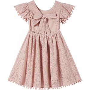 Niyage Backless Toddler Dress Open Back Girls Lace Bow Tie-Back Pom Pom Flutter Sleeves Party Princess Dresses (3T), Dusty Pink 