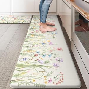 KIMODE Anti Fatigue Kitchen Mats for Floor, Farmhouse Floral Kitchen Rugs Set of 2, 17"x59"+17"x29" Kitchen Floor Mats Non-Slip, Cushioned Standing Mat for Sink, Laundry, Desk, Home White