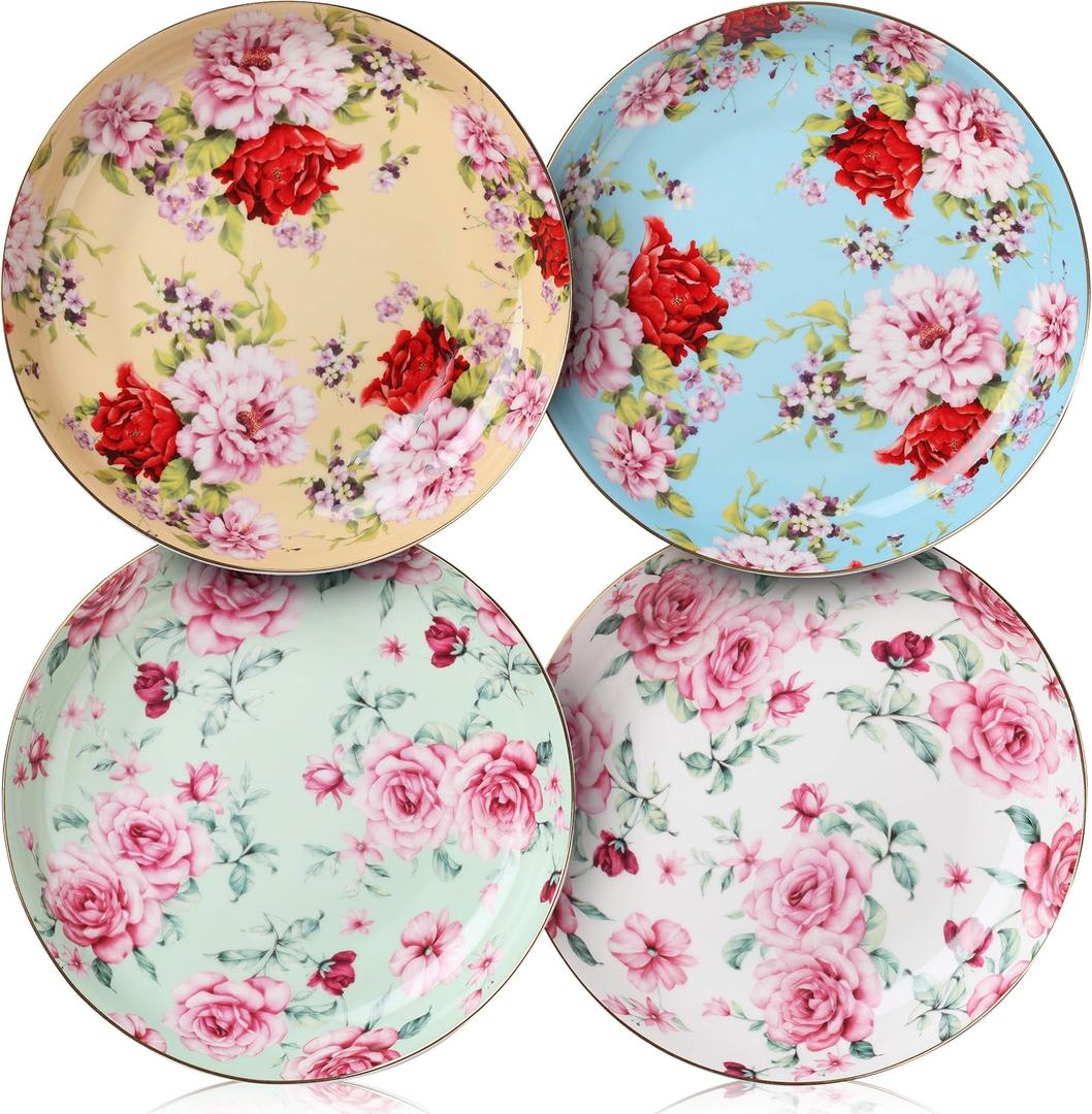 BTaT- Floral Dessert Plates Ceramic, Set of 4, 8 Inch, Assorted Colors with Golden Rim, Deep Porcelain Floral Plates Set of 4, Dishwasher Safe, Mothers Day Gift