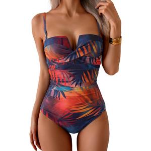 Eomenie Women's Push Up Wrap Front Swimsuit One Piece Tummy Control Bathing Suits Bandeau Support Slimming Swimwear (Medium, Red and Yellow Printed)