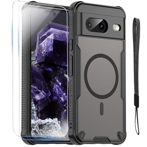 for Google Pixel 8 Case with Magsafe Magnetic Slim Shockproof Protective Case,Translucent Matte Back with Lanyard Strap and 2 * 9H Tempered Glass Screen Protector Phone Cover 6.2-inch-Black