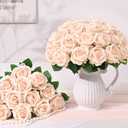 50 Pcs Champagne Roses Artificial Flowers, Real Touch Velvet Roses Bouquet Fake Flowers Bulk, Artificial Roses with Long Stems for Birthday Gift Women Mom DIY Bridal Wedding Centerpiece Decorations