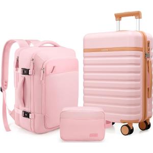 UKEIN Luggage Sets 3 Piece, Carry On Luggage 20In With Spinner Wheels,PC Hardside Suitcase Set with TSA Lock,Durable Carry On Suitcase With Travel Backpack for Men (Pink, 3 piece set (20inch))