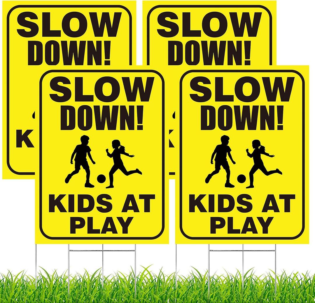 4 Pieces Slow Down Kids At Play Sign with Metal Stake, 12 x 16 Inch Kids At Play Safety Signs, Double Sided Child Safety Caution Signs, Children Sign for Street, Lawn Neighborhoods, Yellow