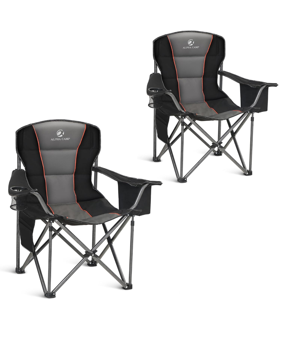 ALPHA CAMP Oversized Camping Folding Chair, Heavy Duty Support 450 LBS Steel Frame Collapsible Padded Arm Chair with Cup Holder Quad Lumbar Back, Portable for Outdoor