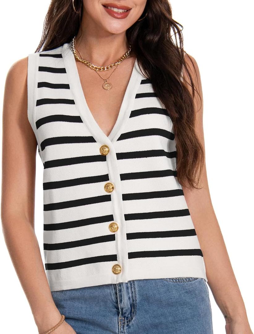 Women's V Neck Sleeveless Button Up Cardigan Knit Sweater Vests Striped Tank Tops (X-Large, White-black Striped)