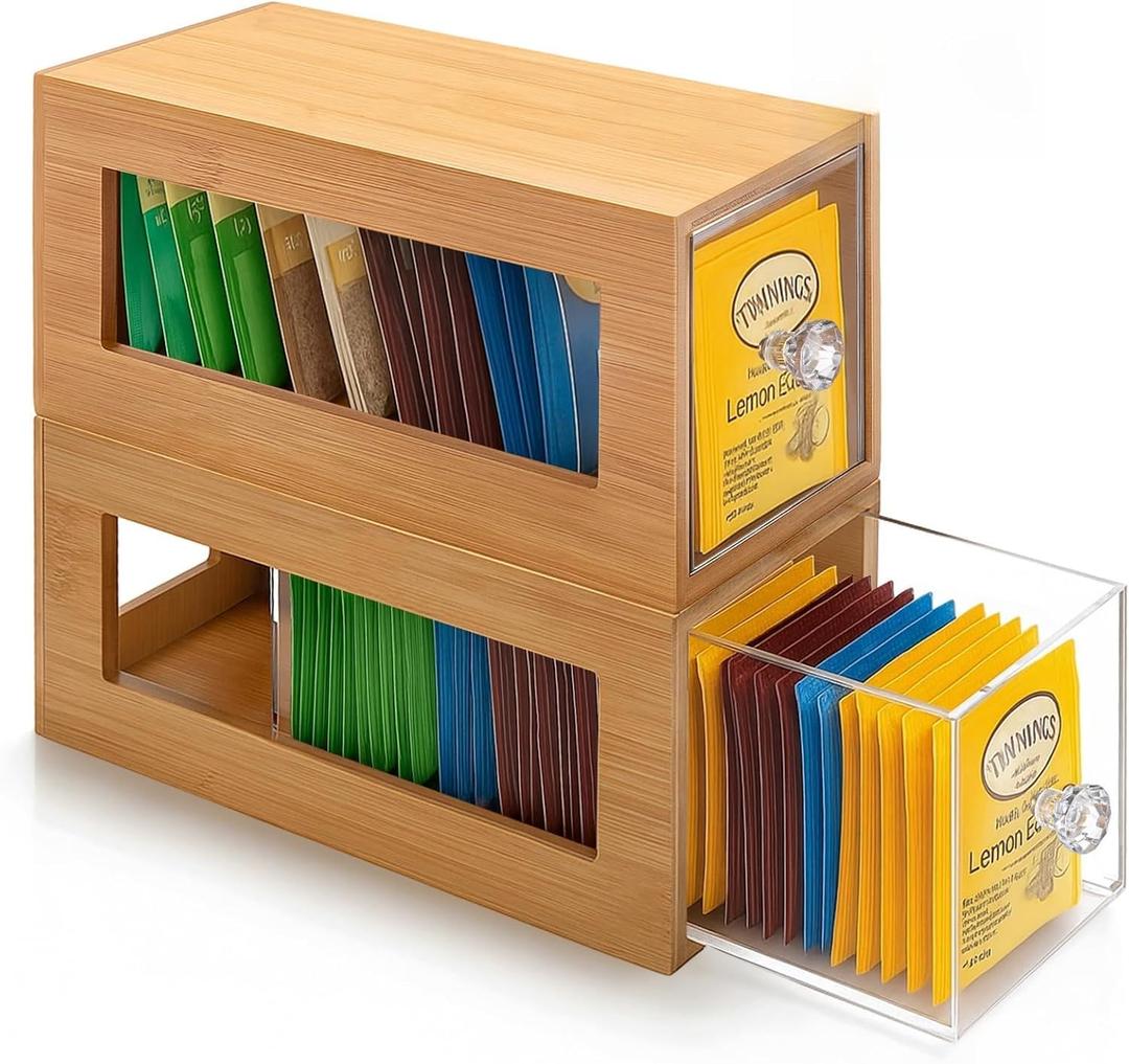 Bamboo and Acrylic Tea Bag Organizer Drawer, Stackable Tea Bag Holder and Organizers, Wooden Storage Containers with Acrylic Drawer, Space Saving for Office Kitchen Countertop Cabinet Pantry(2 Pcs)