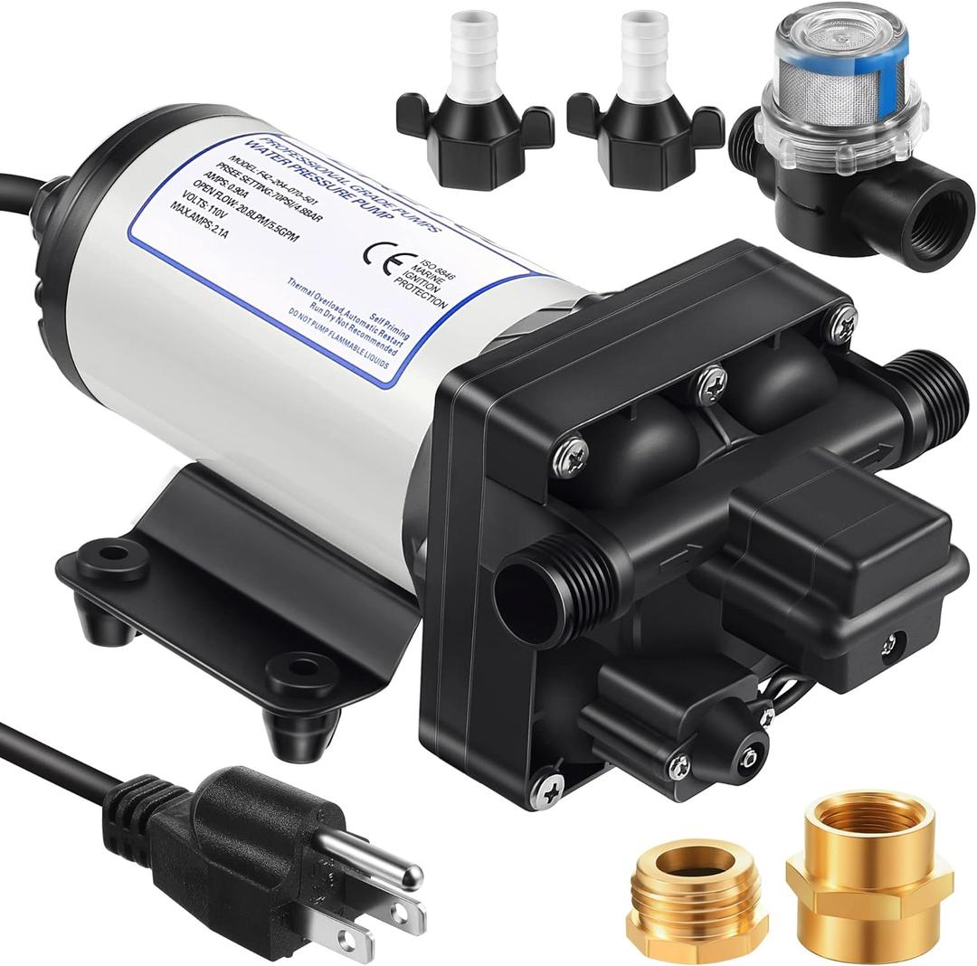 Water Pressure Booster Pump 110v 5.5 GPM 70 PSI, Self Priming Industrial Water Pump with Power Plug, Pipe Fittings Brass Connector Strainer Filter for RV/Caravan/Marine/Home/Garden Irrigation(Black)