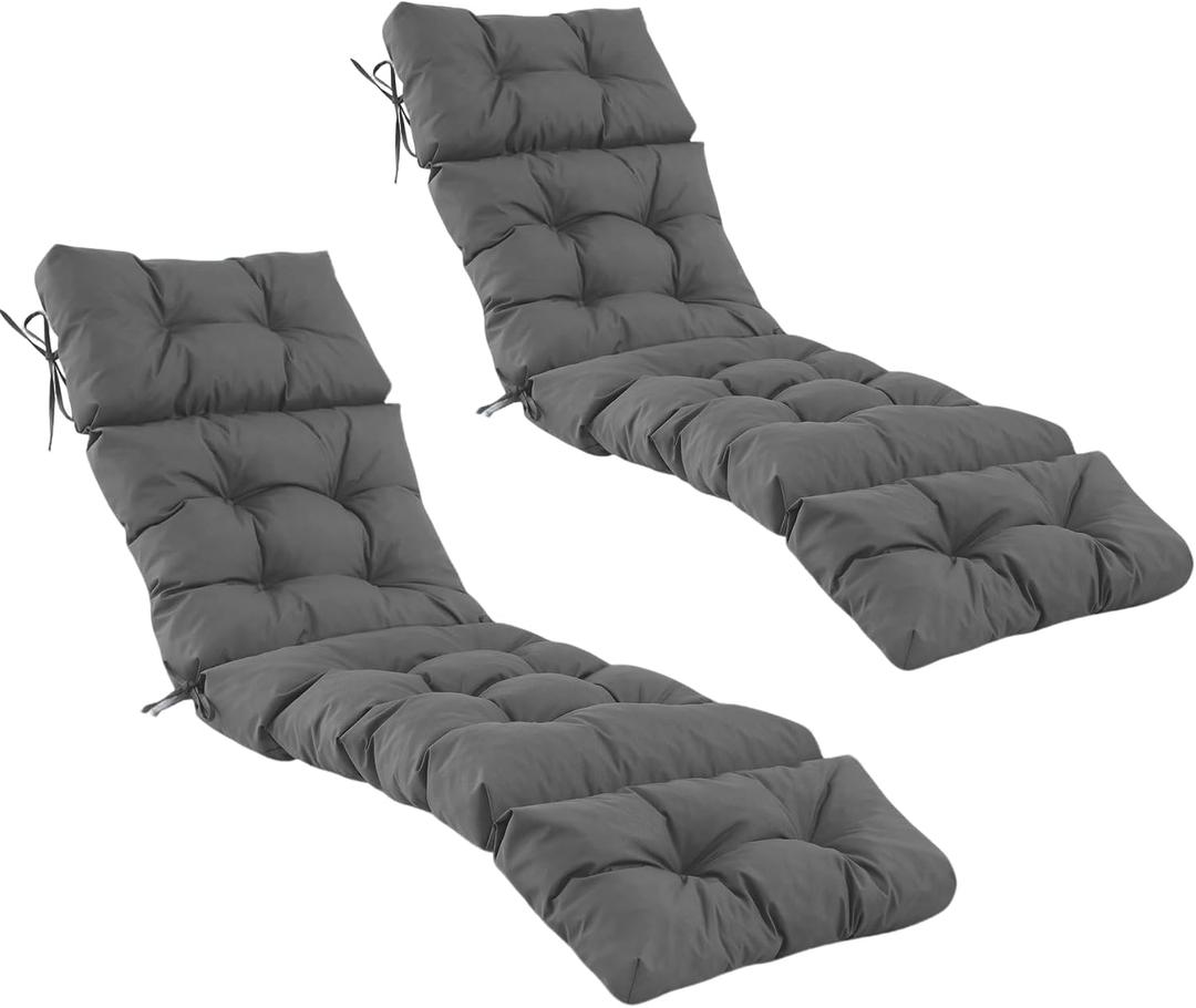 2 Pcs Chaise Lounge Cushions Outdoor, Waterproof & Fade Resistant Patio Lounge Chair Cushions for Outdoor Furniture, Chaise Cushion with Ties for Pool, Lawn and Beach, 75.1x22.8x4.7 Inch, Dark Grey
