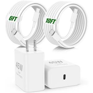 45W iPhone 17 16 15 Pro Max Charger Fast Charging,2Pack USB C Fast Charger Block with Long 10/6FT C to C Cable for Apple 17 Pro Max/16 Pro/15/iPad 13th,for Samsung S24 S25 Ultra
