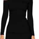 ForeFair Women's Off The Shoulder Long Sleeve Mini Dresses Double Lined Ruched Bodycon Club Party Going Out Outfits (Black, S)