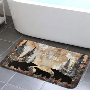 Bear Bath Mat Rustic Cabin Lodge Woodland Wildlife Bath Rug Animal Hunting Camo Black Bear in the Woods Bathroom Accessories Soft Non Slip Rug Sets for Bathroom Bedroom Kitchen Outdoor Indoor 17x29''