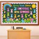 Capoda Spring Easter Bulletin Board Decorations Set - 3D Rainbow Hopping into Spring Classroom Decorations, Easter Bunny Egg Cutouts, Borders for Bulletin Boards Wall Door Chalkboard Office Supplies