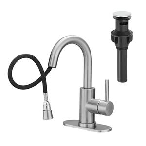 Brushed Bathroom Sink Faucet with Pull Out Sprayer for 1 Hole,Bar Sink with Pop-Up Drain,Single Handle Small Kitchen Faucet with 4 in Deck Plate,360°Swivel Faucet for Farmhouse Vanity