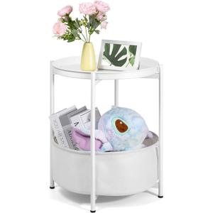 Round Side Table, White End Table with Storage Basket, Metal Night Stand with Removable Tray, Small Bedside Table for Living Room, Bedroom, Nursery (White), 17 inches x 17 inches x 20.5 inches