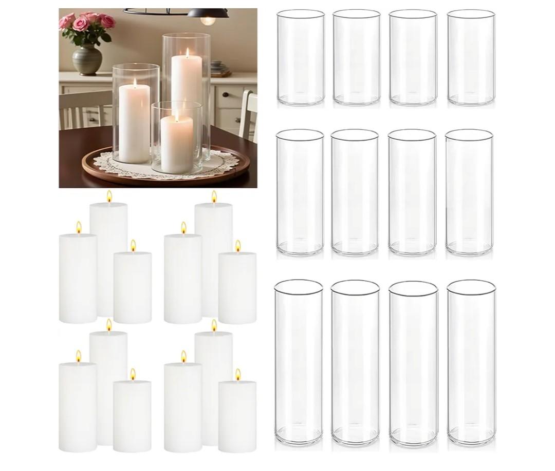 24 Pcs White Pillar Candles with Glass Candle Holder Hurricane Glass Candle Holders Clear Cylinder Vases for Centerpieces Wedding Office Party Home Table Decor