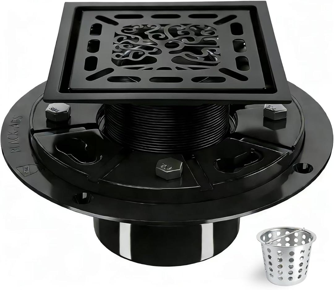 4 Inch Shower Drain, Square Shower Floor Drain Kit with Flange and Removable Cover Grate, AISI 304 Stainless Steel, Matte Black
