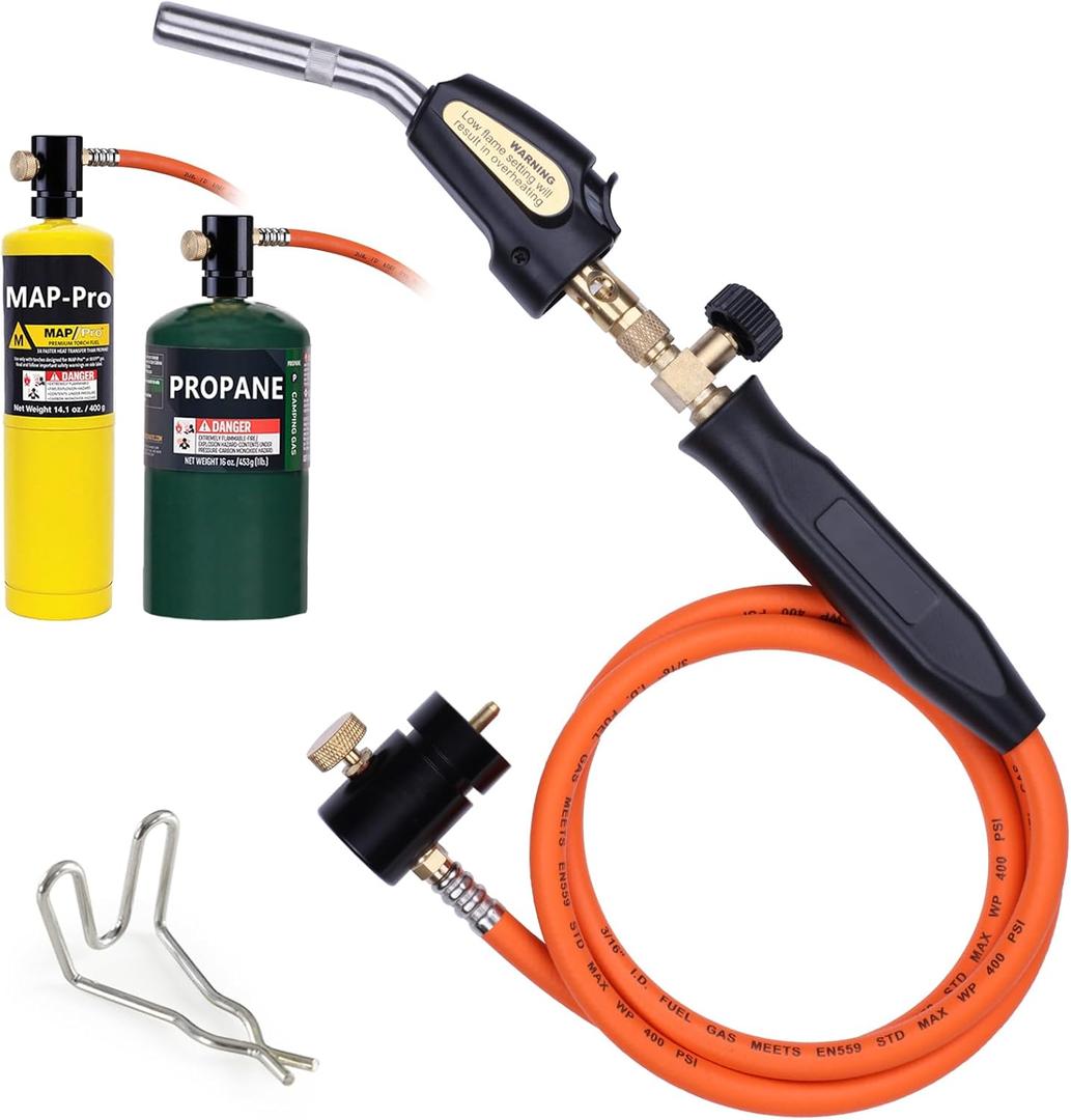 Propane Torch Hose Kit 3.6Ft, Mapp Map Gas Torch Kit Trigger Start, Adjustable Flame Knob Near Torch Head Stainless Steel, Soldering Torch for Gift-with Hook
