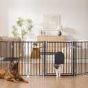 No Pawblems Free Standing Dog Gate with Cat Door, 30'' Tall Foldable Dog Fence for Indoor & Outdoor, Up to 104 Inch Extra Wide Puppy Gate for Stairs, Hallways, Doorways, Deck, Yard (Black, 4 Panels)