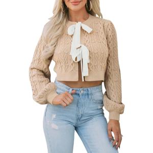 Saodimallsu Womens Cropped Cable Knit Cardigan Sweaters Long Sleeve Bow Tie Front Crew Neck Chunky Sweater Tops (Beige, S)