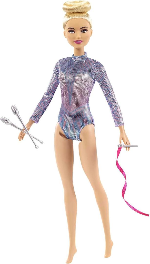 Barbie Rhythmic Gymnast Blonde Doll (12-in/30.40-cm) with Colorful Metallic Leotard, 2 Clubs & Ribbon Accessory, Great Gift for Ages 3 Years Old & Up