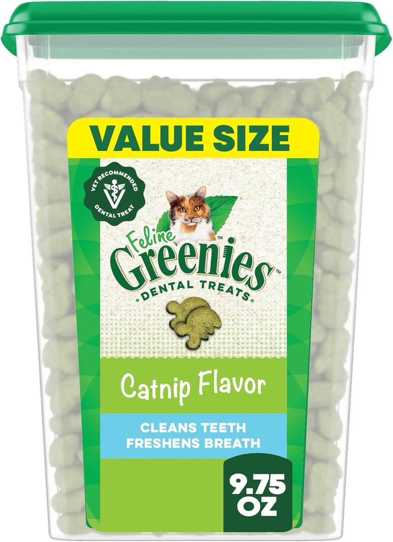 Greenies Feline Veterinarian-Recommended Adult Natural Dental Cat Treats, Catnip Flavor, 9.75 oz. Tub (EXP 10/01/26)