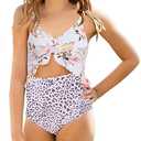 Saodimallsu Girls One Piece Cutout Ruffle Swimsuits Kids Floral High Waisted Tie Front Bathing Suits,Size 160