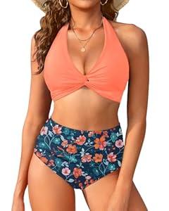 Yonique Women's Two Piece High Waisted Bikini Set Tummy Control Swimsuit Full Coverage Bathing Suit Halter Orange Flowers, Size: S