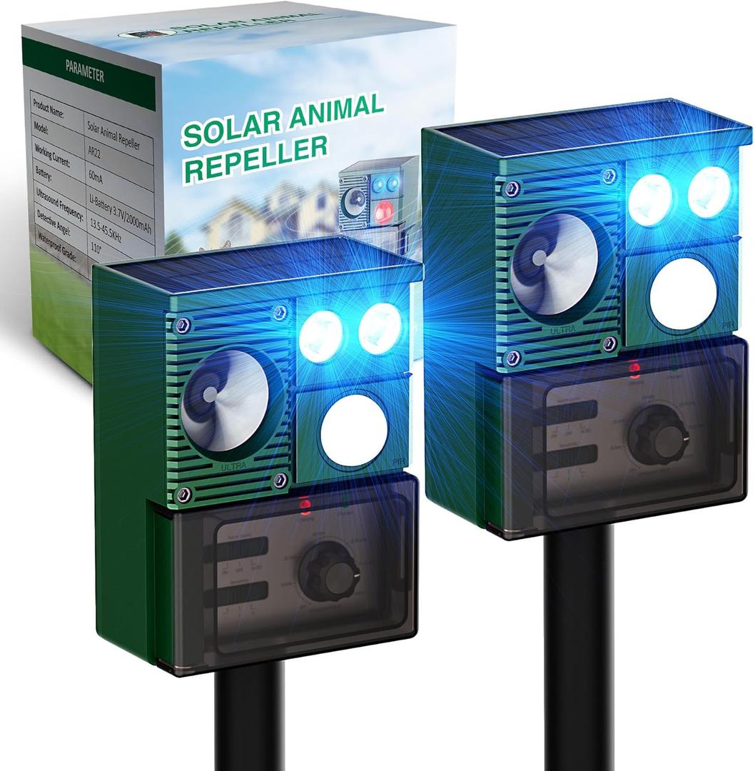 2 Packs Solar Animal Repeller Ultrasonic, Cat Repellent Outdoor with USB Recharging, Waterproof Ultrasonic Deer Repellent Motion Activated Repel Dog, Squirrel, Deer, Raccoon, Skunk, Rabbit