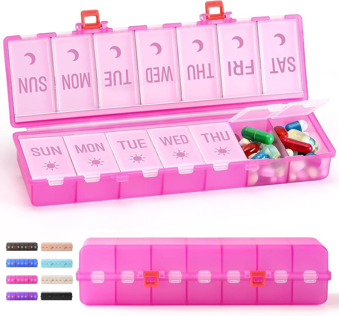 [Foldable & Dual Protection] Weekly Pill Organizer 2 Times A Day with Etched Labels, AM PM 7 Day Medicine Container Box, Large Portable Week Travel Pill Case for Daily Medication, Vitamin -Clear Pink