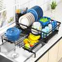 Storico Large Dish Drying Rack - Extendable Dish Rack, Dish Drainer for Kitchen Counter, Dish Drainer with Adjustable Support Legs & Utensil Holder, Black (15.2"L x 11.2"~19.7"W)