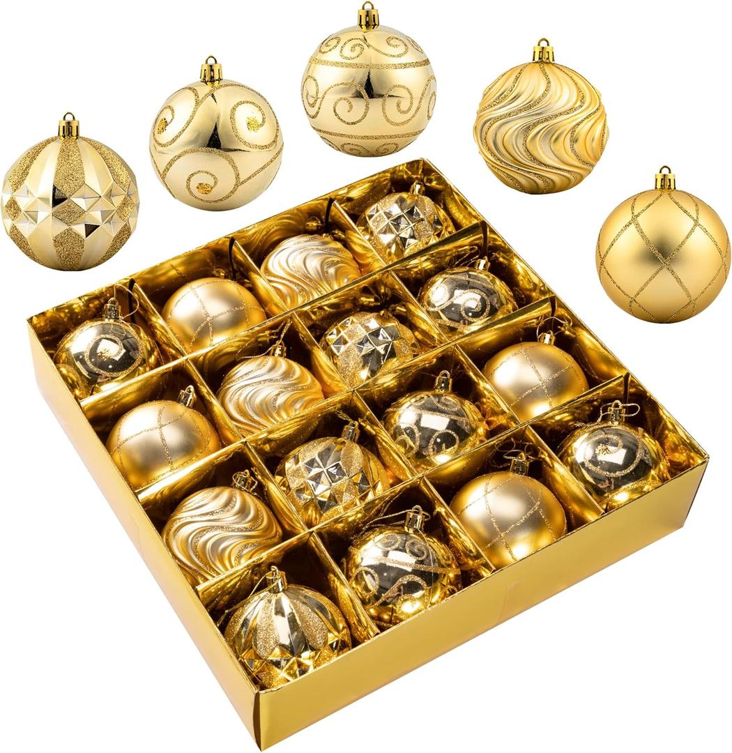 Christmas Ornaments - 16 Pcs Christmas Ball Ornaments Set, Assorted Shatterproof Christmas Glittering Ornaments for Christmas Tree, Christmas Tree Decoration for Xmas Holiday (Gold)