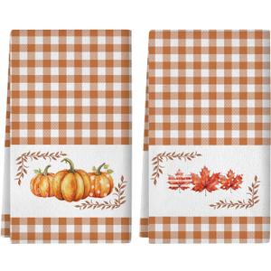 Fall Kitchen Towels Orange Pumpkin Maple Autumn Dish Towels Home Farmhouse Thanksgiving Kitchen Decor Set of 2, 18x26 Inch