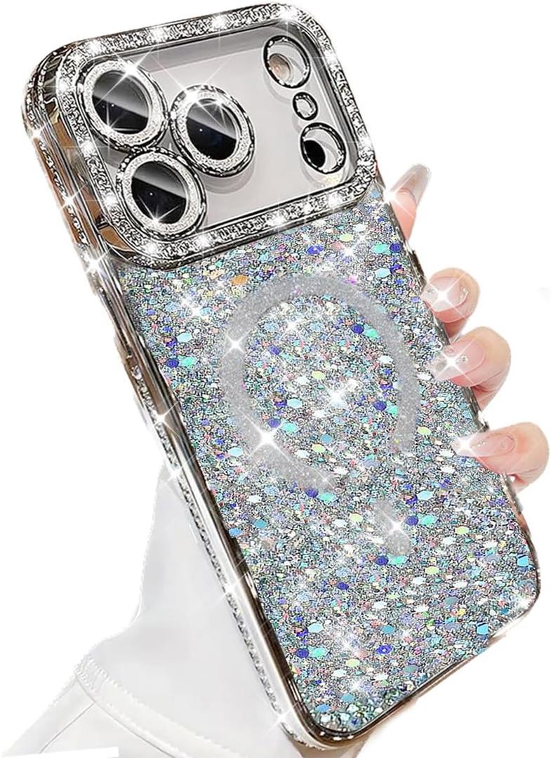 Magnetic Glitter Case for iPhone 17 Pro Max, Compatible with Magsafe Luxury Glitter Sparkly Rhinestone Diamonds Soft TPU Shockproof Slim Cover Girly Women Case for iPhone 17 Pro Max, Silver