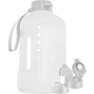 AQUAFIT 1 Gallon Water Bottle with Time Marker - Straw & Chug Lid - BPA Free Gym Water Bottle with Straw - Big Gallon Jug (Frosty, 128 oz - 2 Lids)