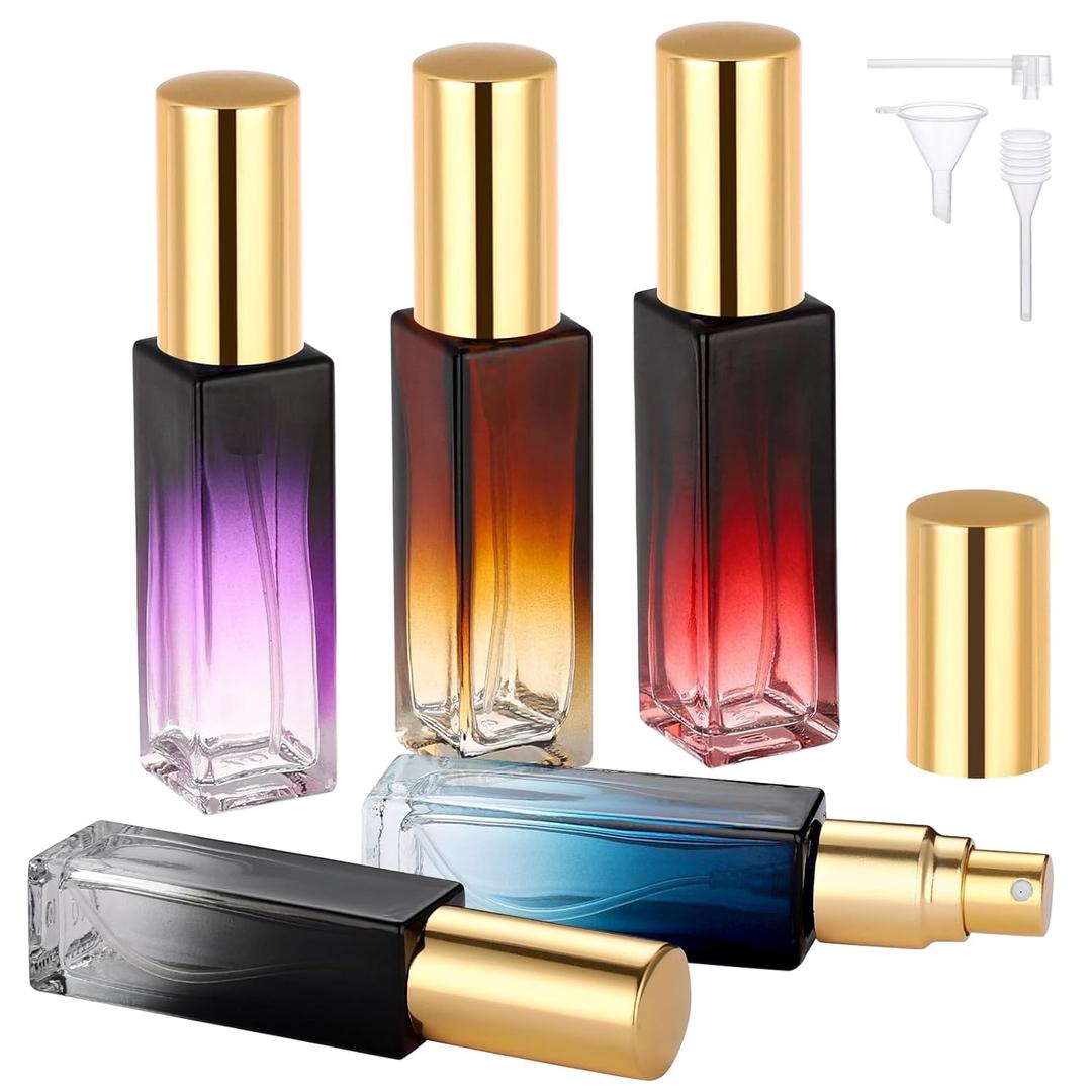 Segbeauty 0.34oz Empty Travel Perfume Atomizer Refillable, 5 Pack Mini Glass Perfume Spray Bottles, 10ml Portable Travel Cologne Spray Bottles, Small Cologne Atomizers with Clear Transfer Tool Set (Amber Blue Red Purple Black)