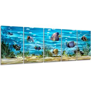 SYGALLERIER School Of Fish Metal Wall Art Handcrafted 3D Coastal Aluminum Artwork Modern Abstract Sea Styles Wall Accent in Blue Green Silver Color for Living Room Bedroom Bathroom Decor (24x64IN)