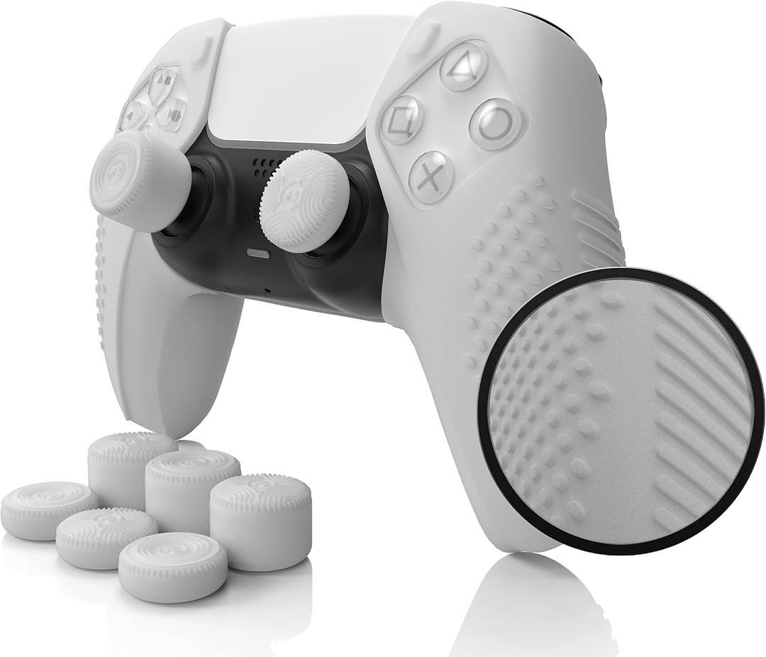 SensePro PS5 Controller Skin | Dock Compatible, Soft Flat Anti-Slip Studded Silicone Gel Grip Cover for Playstation 5 Dualsense, Rubber Protector Plus 8 Raised Thumb Grip Caps (PS5 White)