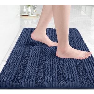 Yimobra Navy Blue Bathroom Rug Mat, Non Slip Quick Dry Bath Mats, Extra Thick and Super Absorbent Bath Rugs, Luxury Microfiber Chenille Plush Fluffy Washable Soft Shower Carpet for Floor, 24" x 17"