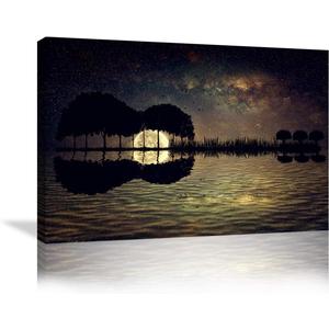 Urttiiyy Abstract Guitar Trees Arranged in a Shape of a Guitar on a Starry Sky Background in a Full Moon Night Guitar Canvas Wall Art Modern Home Music Decor Framed Ready to Hang, 36"L x 24"W